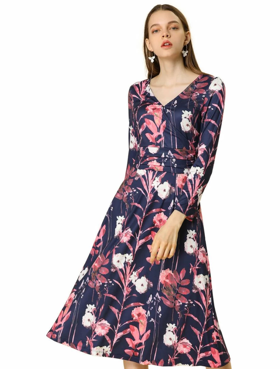 Dark Blue Floral V-Neck Pleated Waist A-Line Midi Dress for Women
