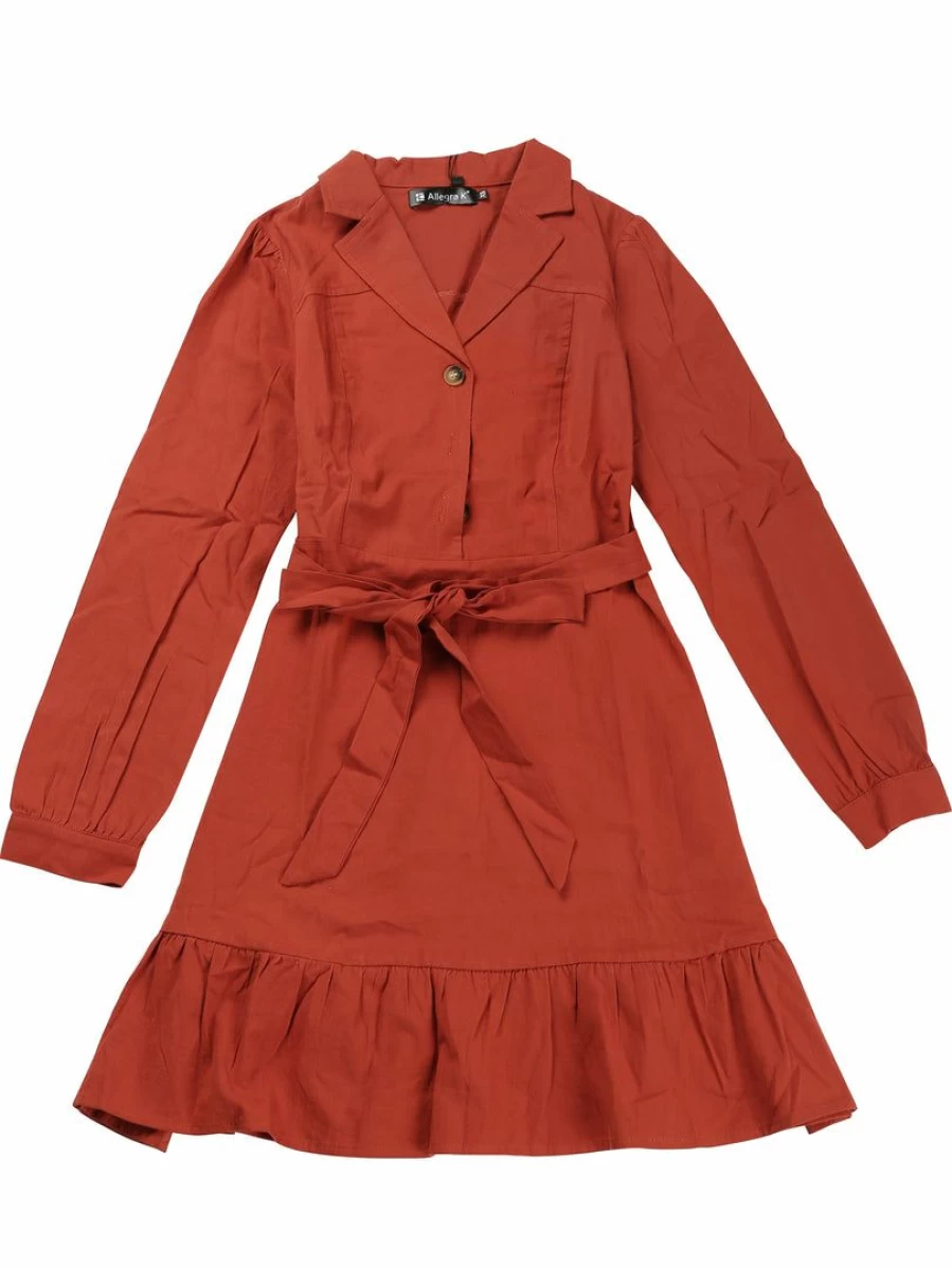 Allegra K Women's Red V-Neck Ruffle Hem Mini Dress with Notched Lapel and Tie Waist