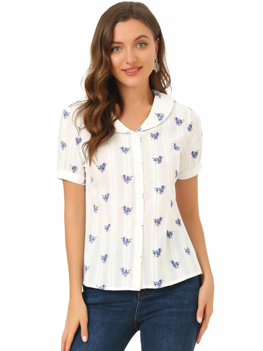 Allegra K Women's White Floral Peter Pan Collar Semi-Sheer Button-Up Shirt