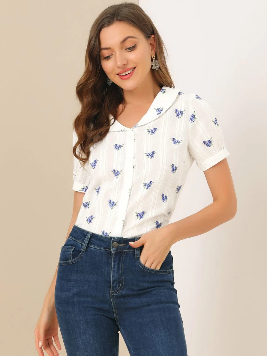 Allegra K Women's White Floral Peter Pan Collar Semi-Sheer Button-Up Shirt