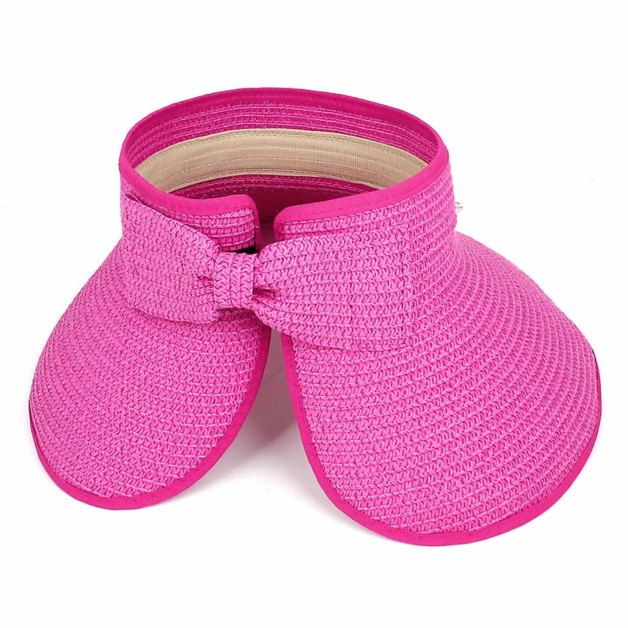 Allegra K Women's Foldable Roll-Up Straw Sun Hat with Bowknot Decor in Fuchsia for Beach Accessories