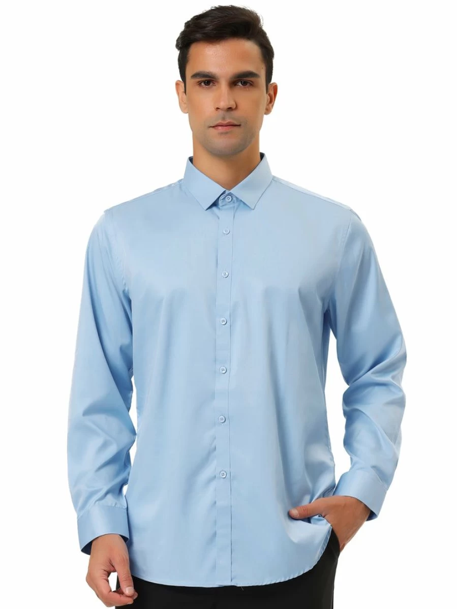 Men's Regular Fit Solid Color Long Sleeve Dress Shirt with Point Collar