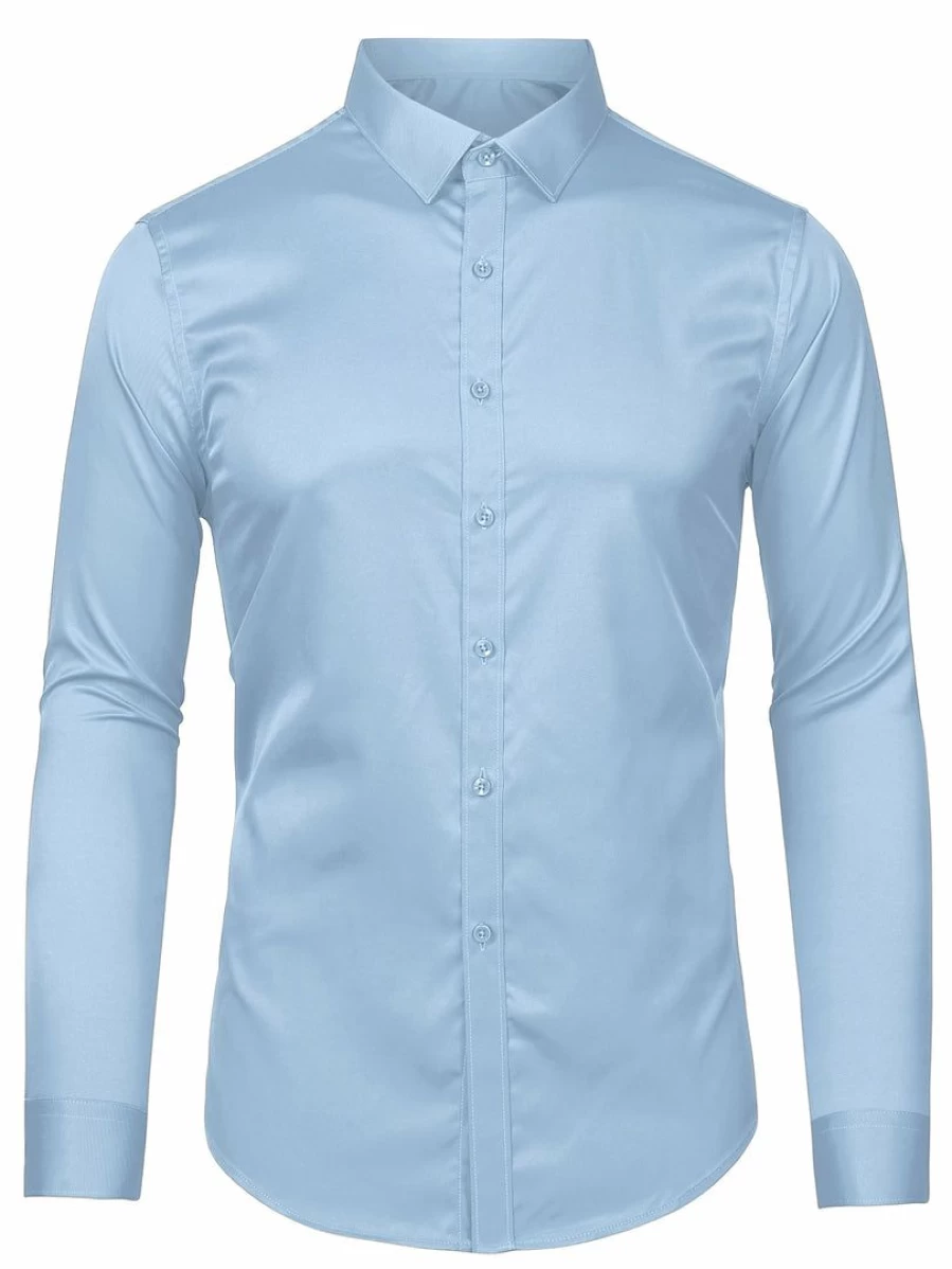 Men's Regular Fit Solid Color Long Sleeve Dress Shirt with Point Collar