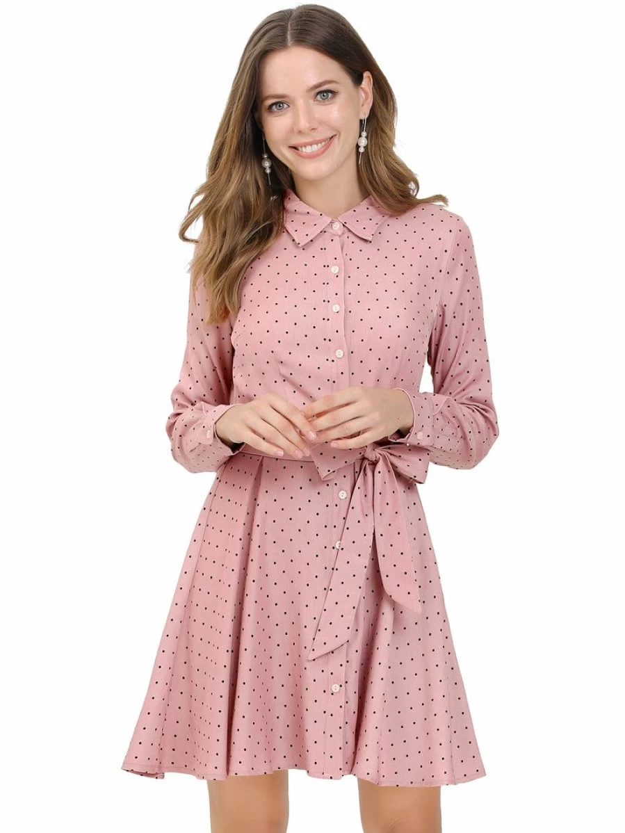 Women's Polka Dot Long Sleeve A-Line Shirt Dress with Button Up Design