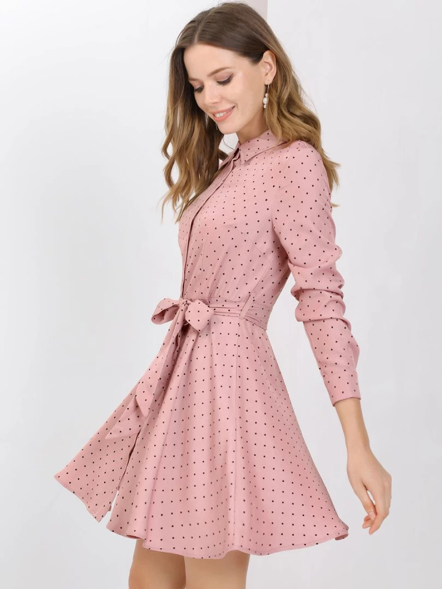 Women's Polka Dot Long Sleeve A-Line Shirt Dress with Button Up Design