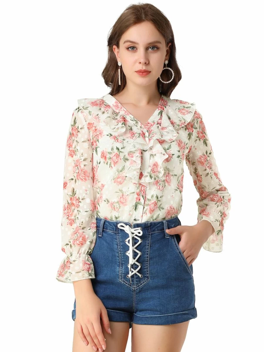 Women's White V-Neck Long Sleeve Blouse with Ruffle Collar and Rose Floral Pattern