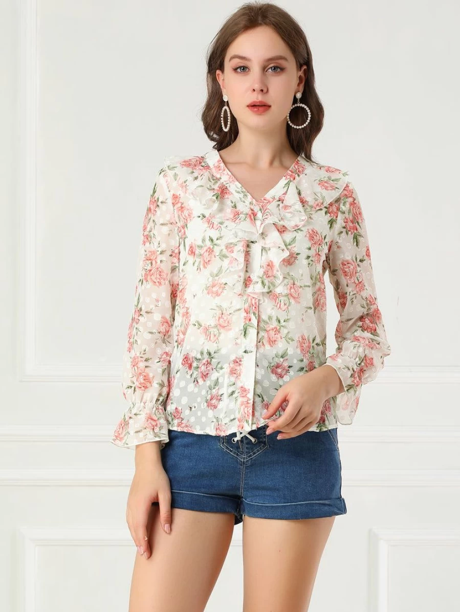 Women's White V-Neck Long Sleeve Blouse with Ruffle Collar and Rose Floral Pattern