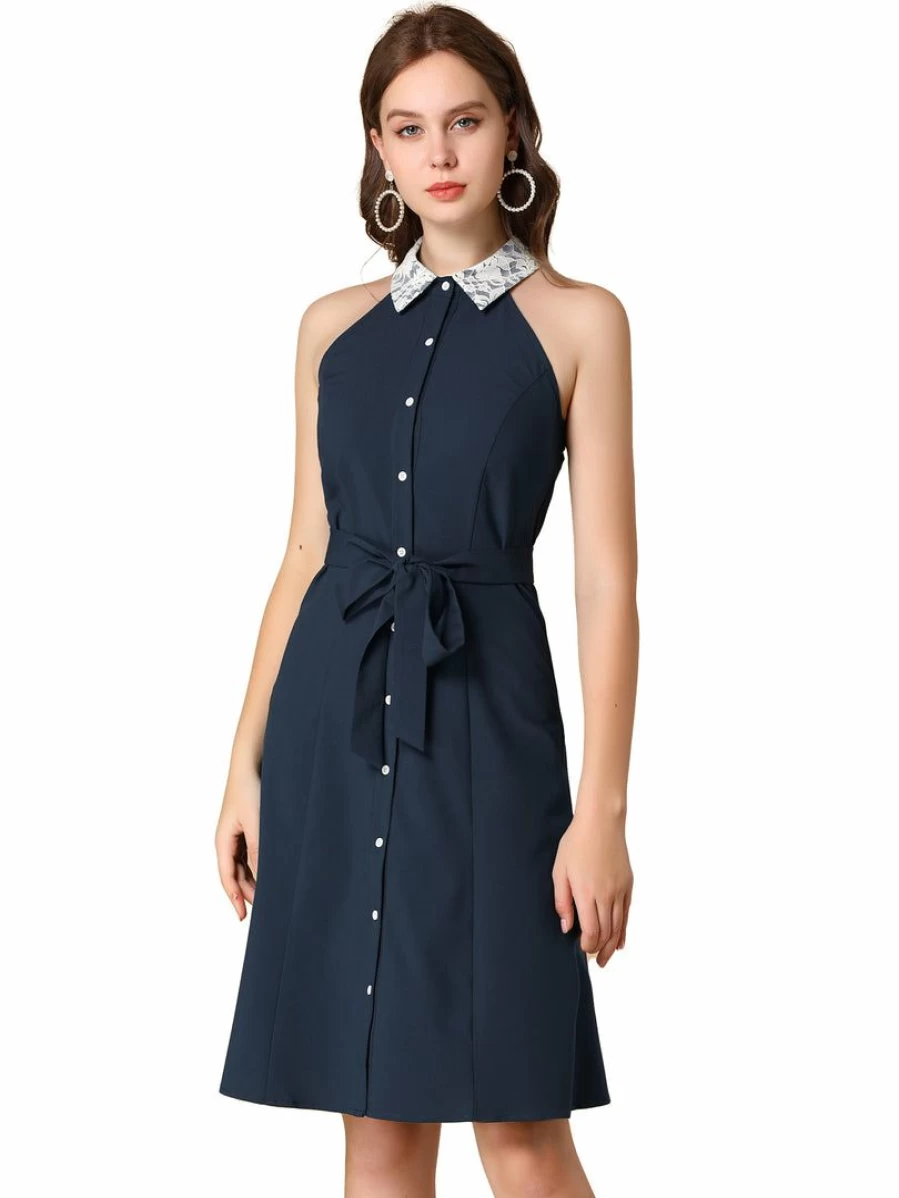 Vintage Navy Blue Sleeveless Dress with Contrast Lace Panel and Point Collar