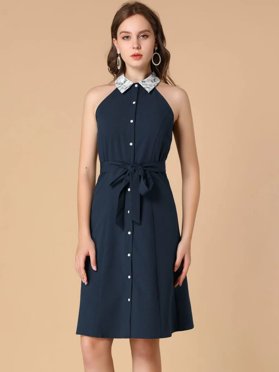 Vintage Navy Blue Sleeveless Dress with Contrast Lace Panel and Point Collar