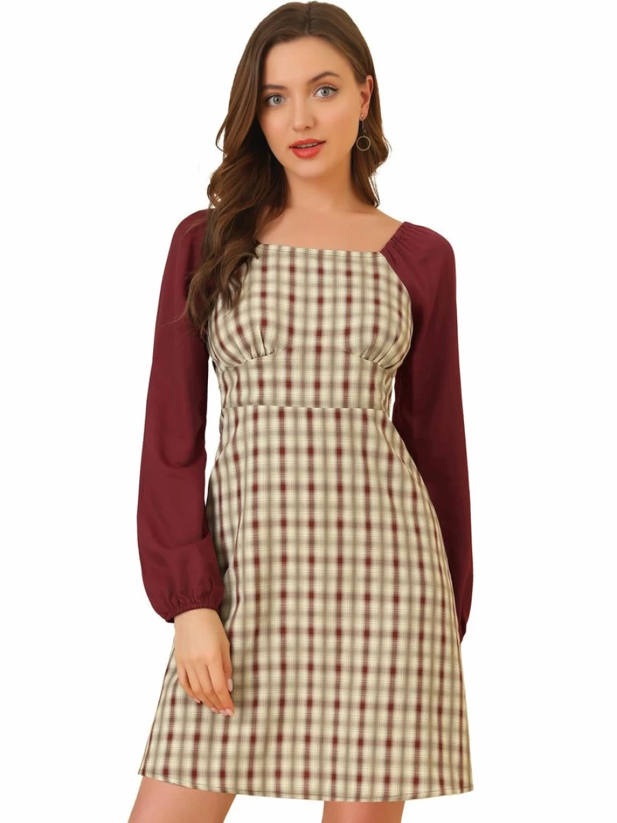 Burgundy Plaid A-Line Dress for Women - Long Sleeve Square Neck Party Dress