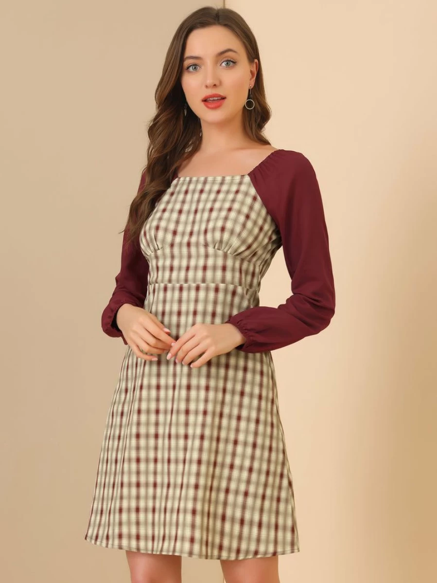 Burgundy Plaid A-Line Dress for Women - Long Sleeve Square Neck Party Dress