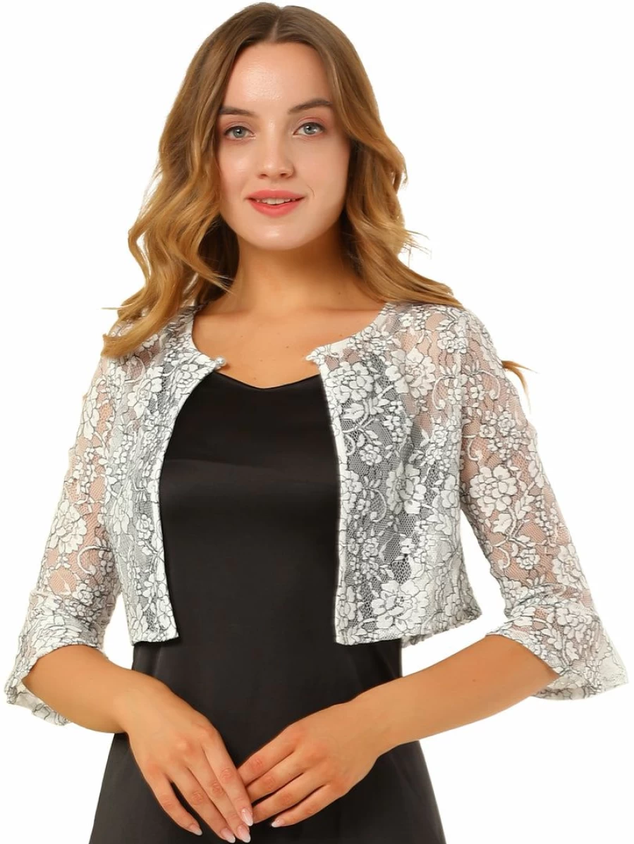 White Floral Lace Bell Sleeve Crop Cardigan Shrug Top for Women