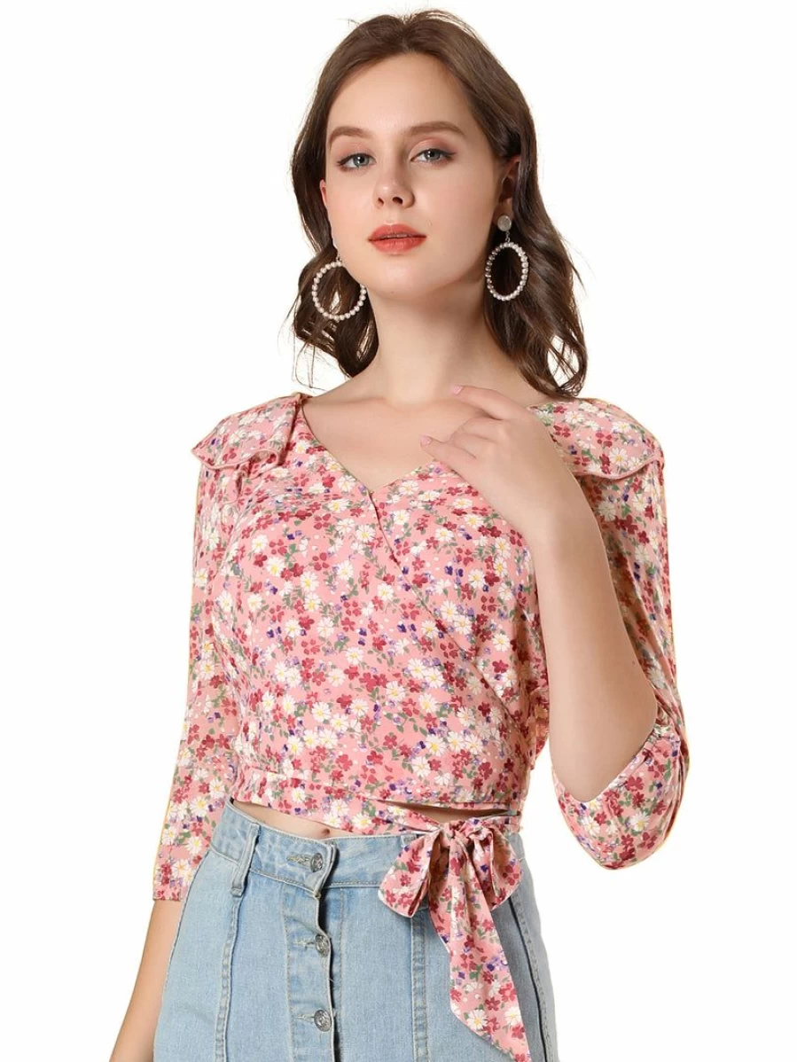 Allegra K Women's Pink Floral Print Wrap Peplum Top with Ruffle Detail and Tie Waist