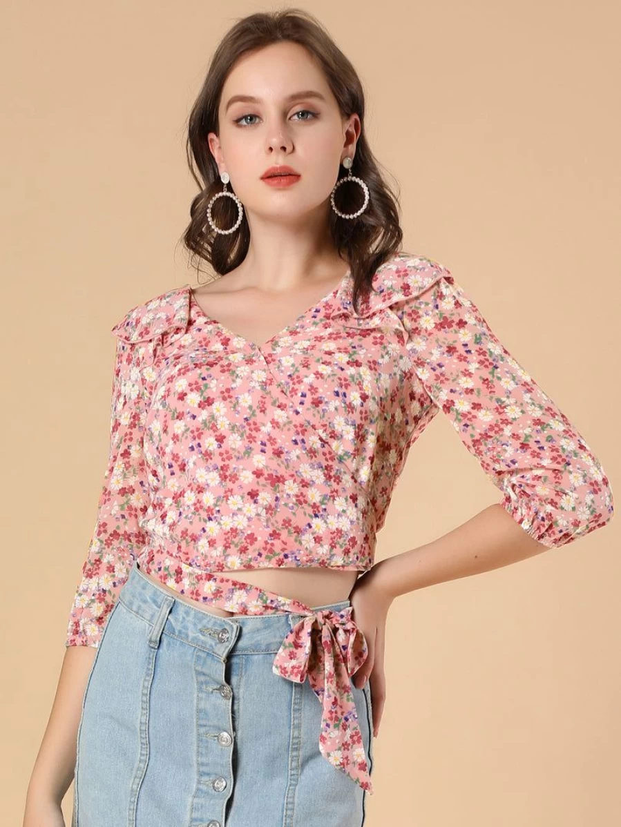 Allegra K Women's Pink Floral Print Wrap Peplum Top with Ruffle Detail and Tie Waist