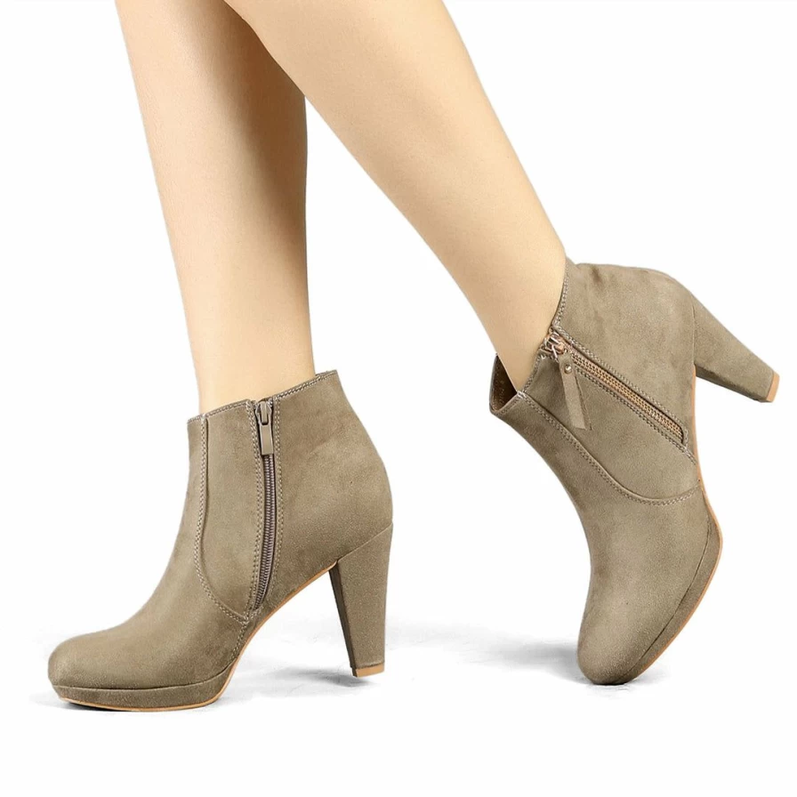 Women's Chunky Heel Ankle Booties with Side Zip and Low Platform