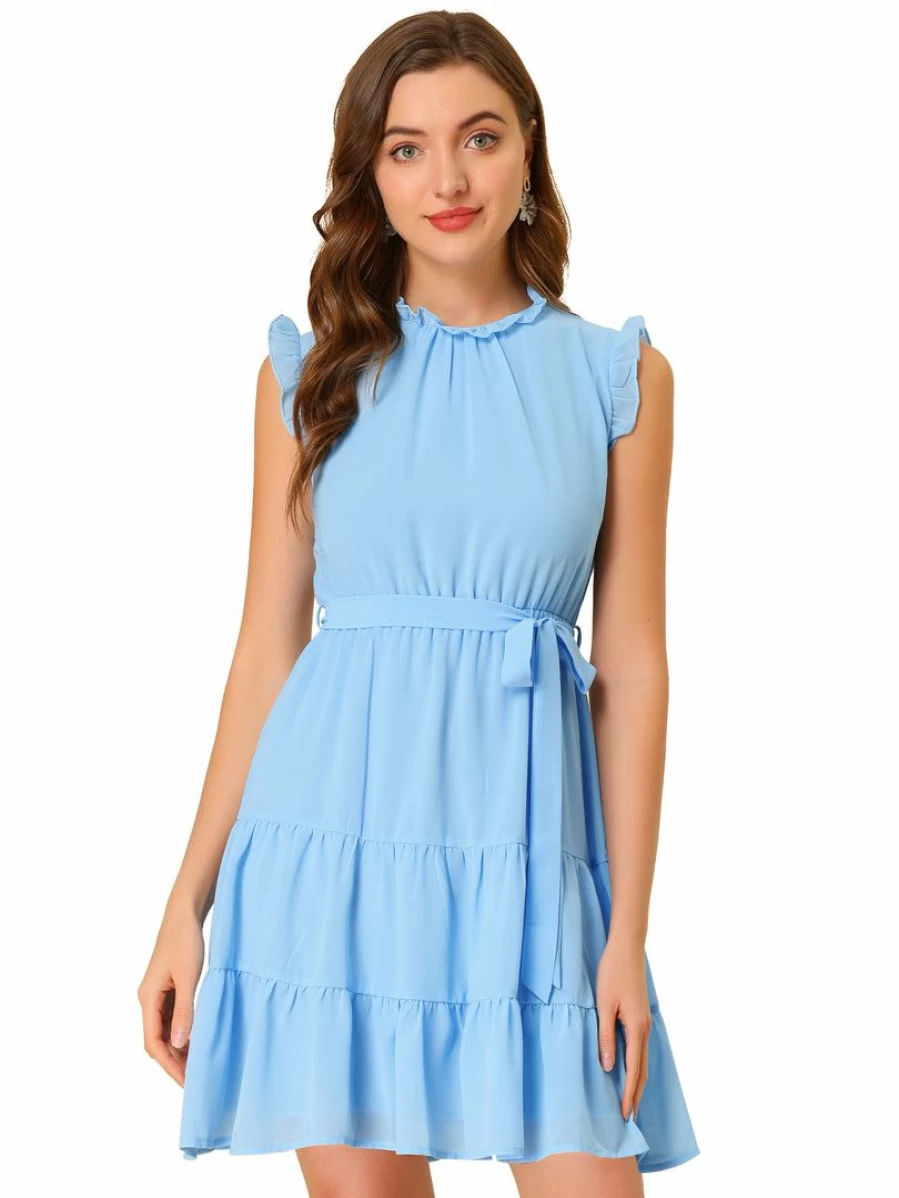 Light Blue Women's Sleeveless A-Line Tiered Dress with Ruffle Neck and Tie Belt