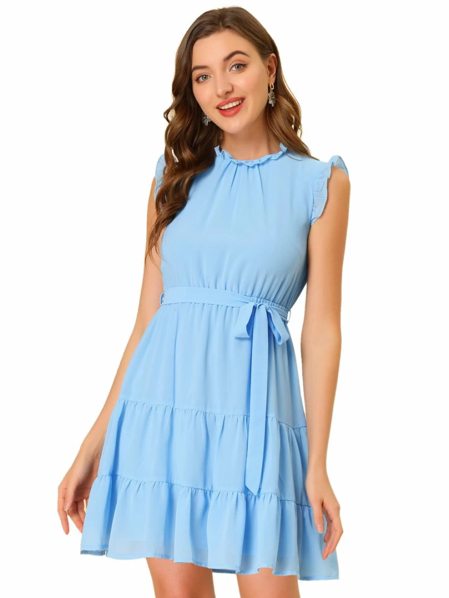 Light Blue Women's Sleeveless A-Line Tiered Dress with Ruffle Neck and Tie Belt