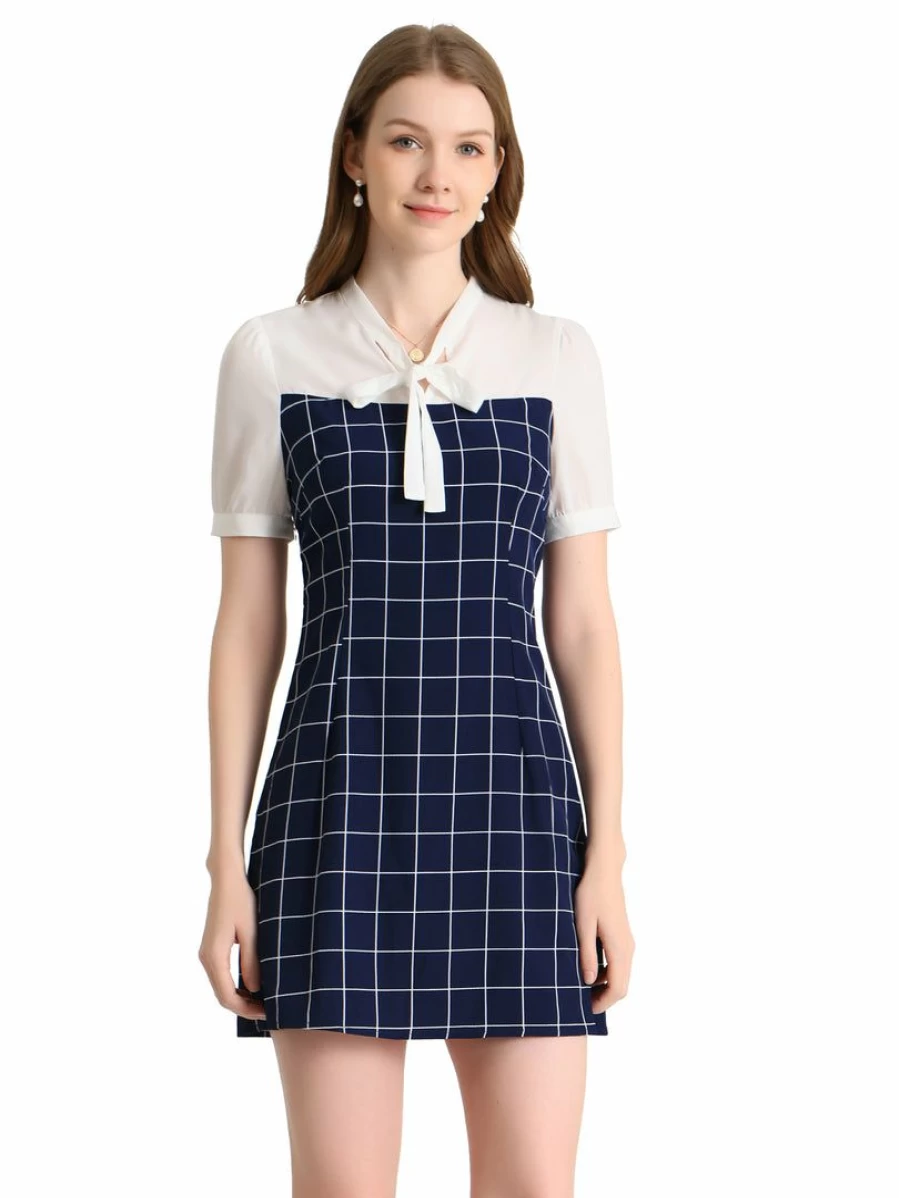 Allegra K Women's Dark Blue Plaid Tie Neck Puff Sleeve Work Dress