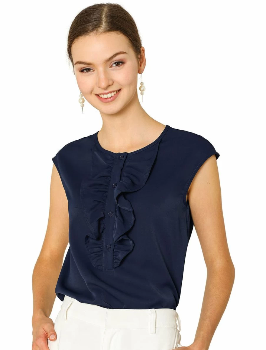 Navy Blue Women's Ruffle Neck Blouse with Cap Sleeves and Button Placket Loose Top Shirt