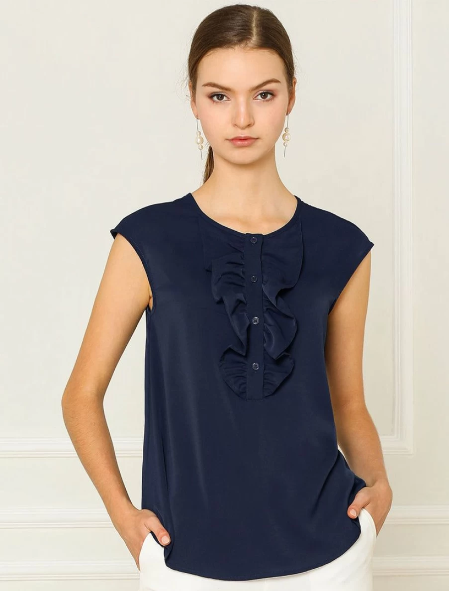 Navy Blue Women's Ruffle Neck Blouse with Cap Sleeves and Button Placket Loose Top Shirt