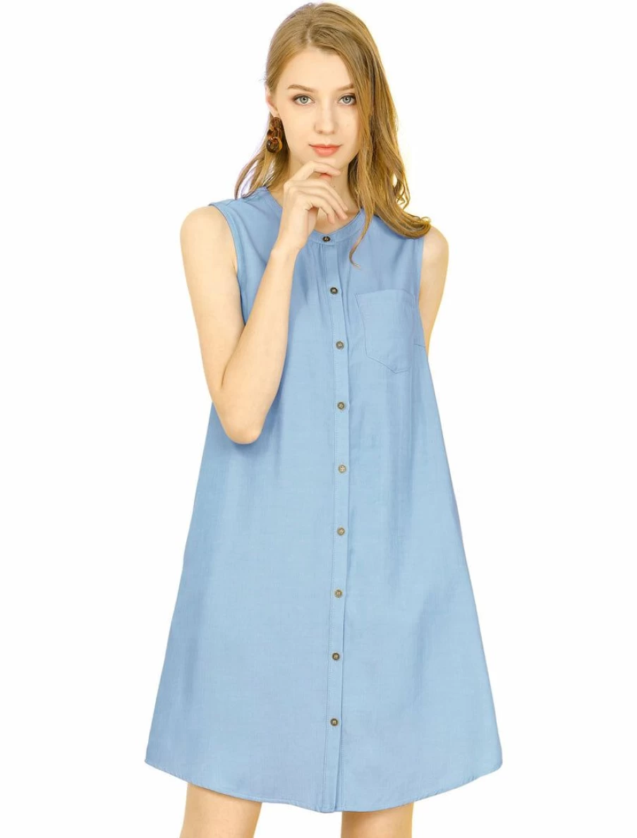 Women's Denim Chambray Shirtdress Sleeveless Tunic with Pocket Button Up Casual Dress
