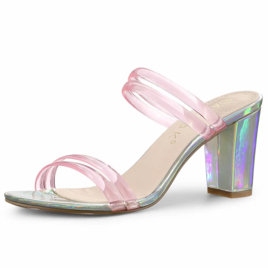 Women's Block Heel Slide Mule Sandals with Clear Straps - Comfortable Summer Dress Shoes