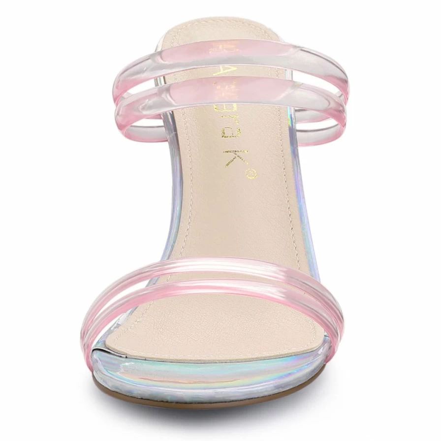 Women's Block Heel Slide Mule Sandals with Clear Straps - Comfortable Summer Dress Shoes