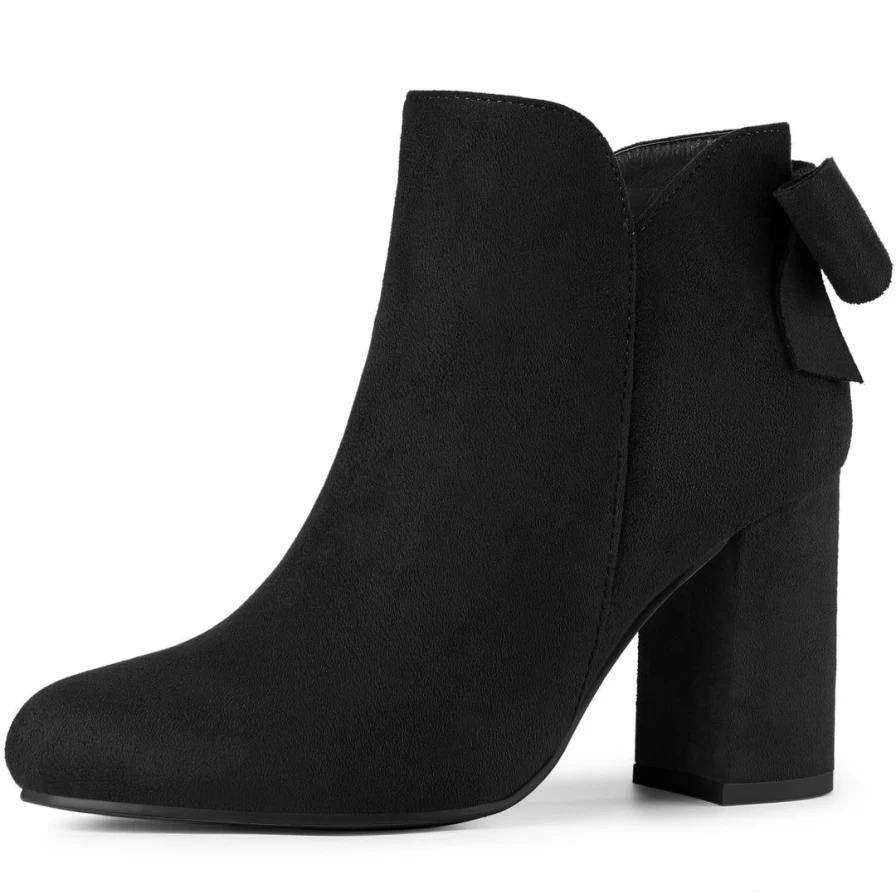 Women's Chunky Heel Ankle Boots with Round Toe and Bow Decor