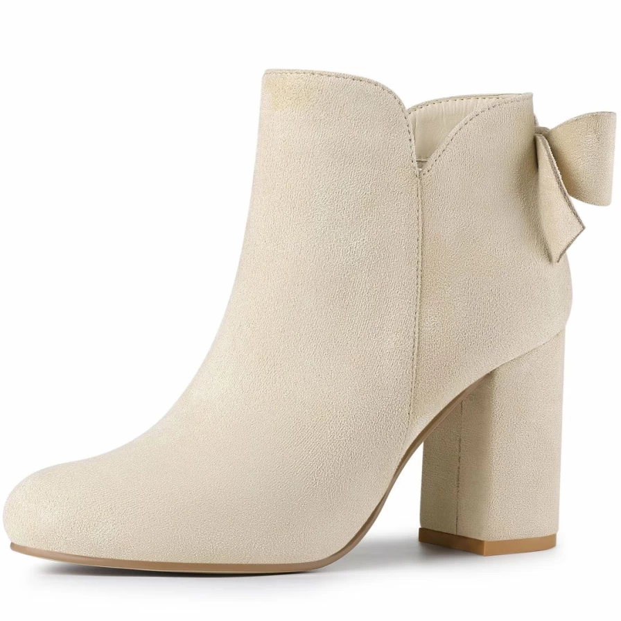 Women's Chunky Heel Ankle Boots with Round Toe and Bow Decor