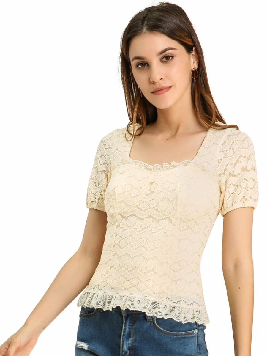 Allegra K Women's Beige Sweetheart Neck Lace Ruffle Blouse Elegant Dating Top