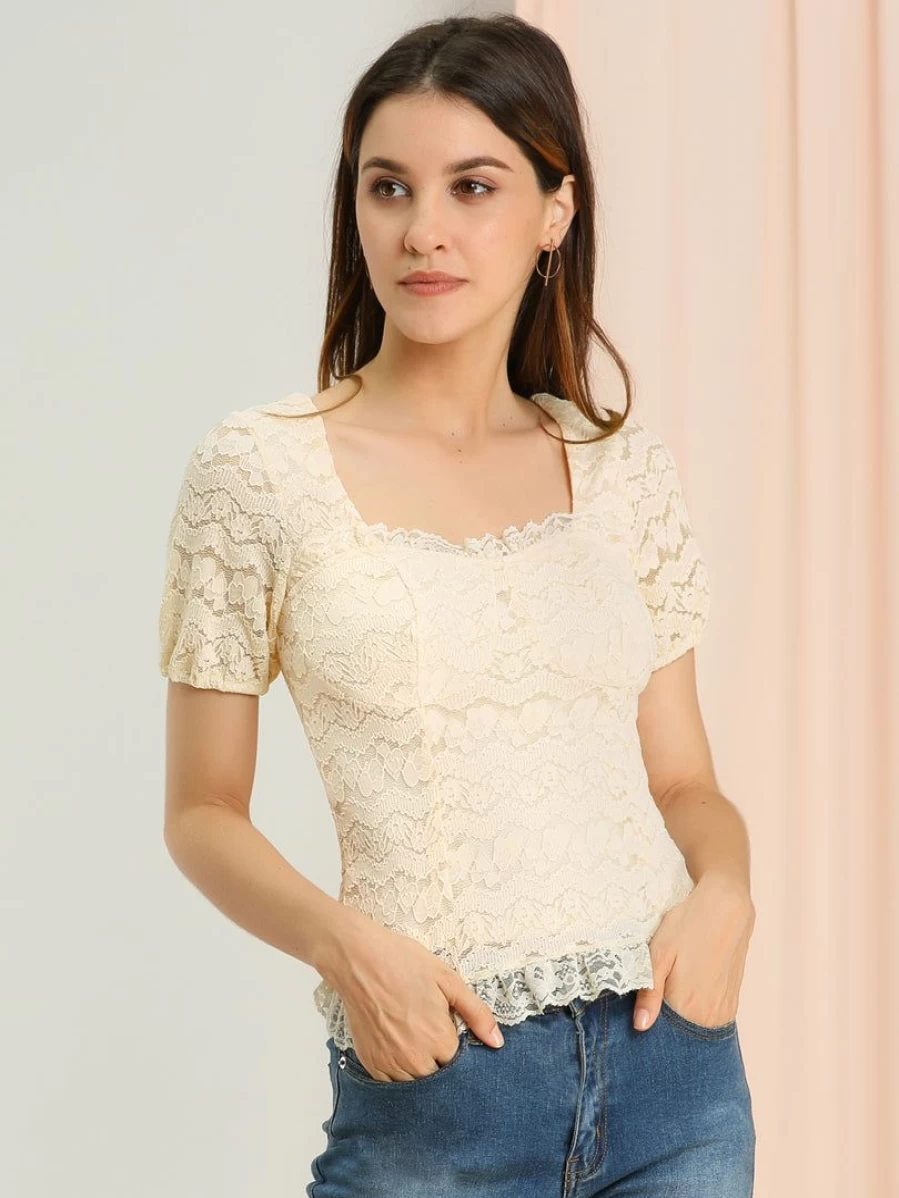 Allegra K Women's Beige Sweetheart Neck Lace Ruffle Blouse Elegant Dating Top