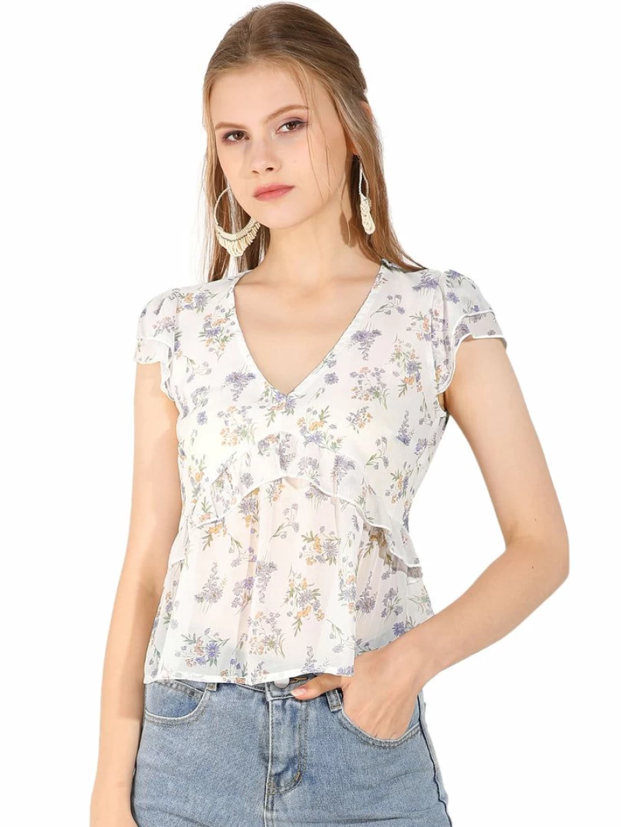 Women's White Floral Ruffle Front V-Neck Cinched Waist Flare Sleeve Blouse