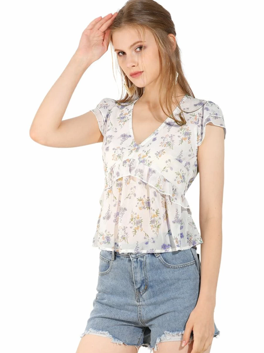Women's White Floral Ruffle Front V-Neck Cinched Waist Flare Sleeve Blouse