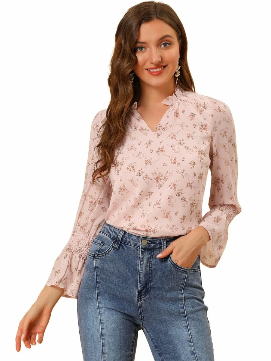 Pink Floral Chiffon Blouse for Women with Smocked Sleeves and Ruffle Neck