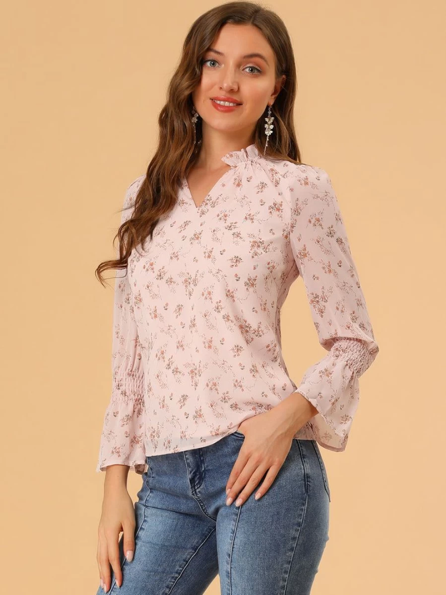 Pink Floral Chiffon Blouse for Women with Smocked Sleeves and Ruffle Neck