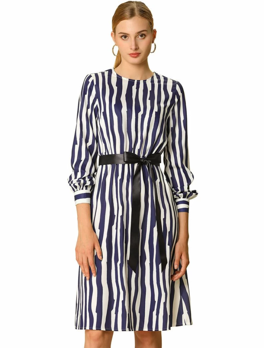 White Striped A-Line Dress with Contrast Belt - Women's Casual Summer Dress