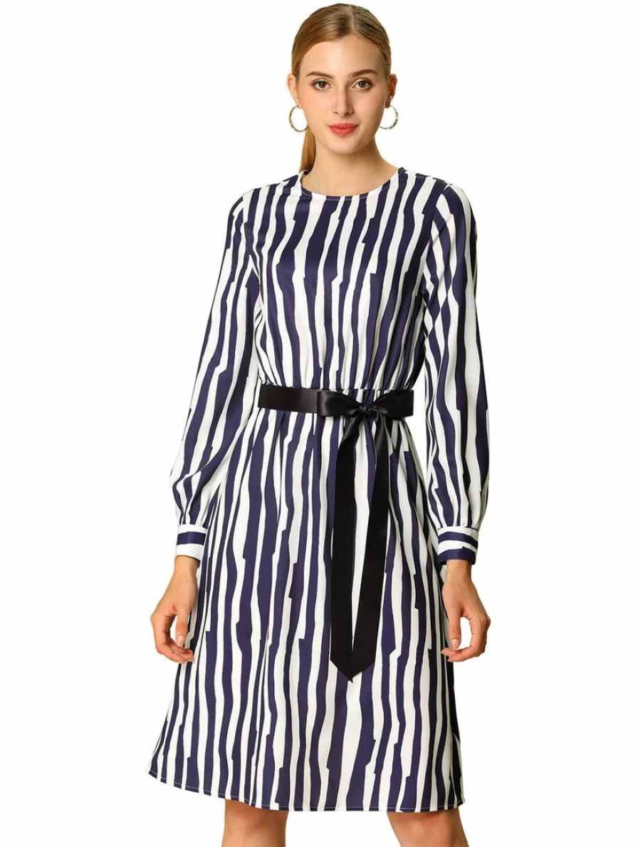 White Striped A-Line Dress with Contrast Belt - Women's Casual Summer Dress