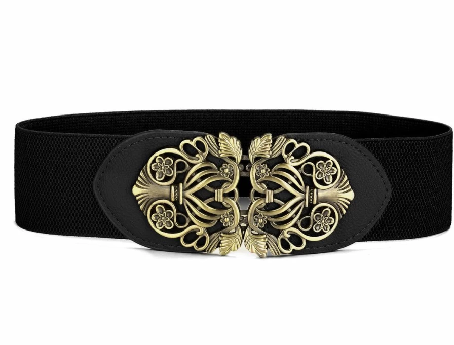 "Stylish Elastic Stretch Waist Belt with Interlocking Metal Buckle for Women - Adjustable Cinch Waistband"