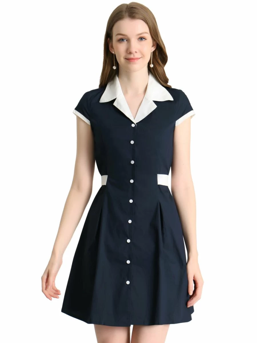 Allegra K Women's Navy Blue Vintage Mini Shirt Dress with Flat Collar and Belt for Office Wear