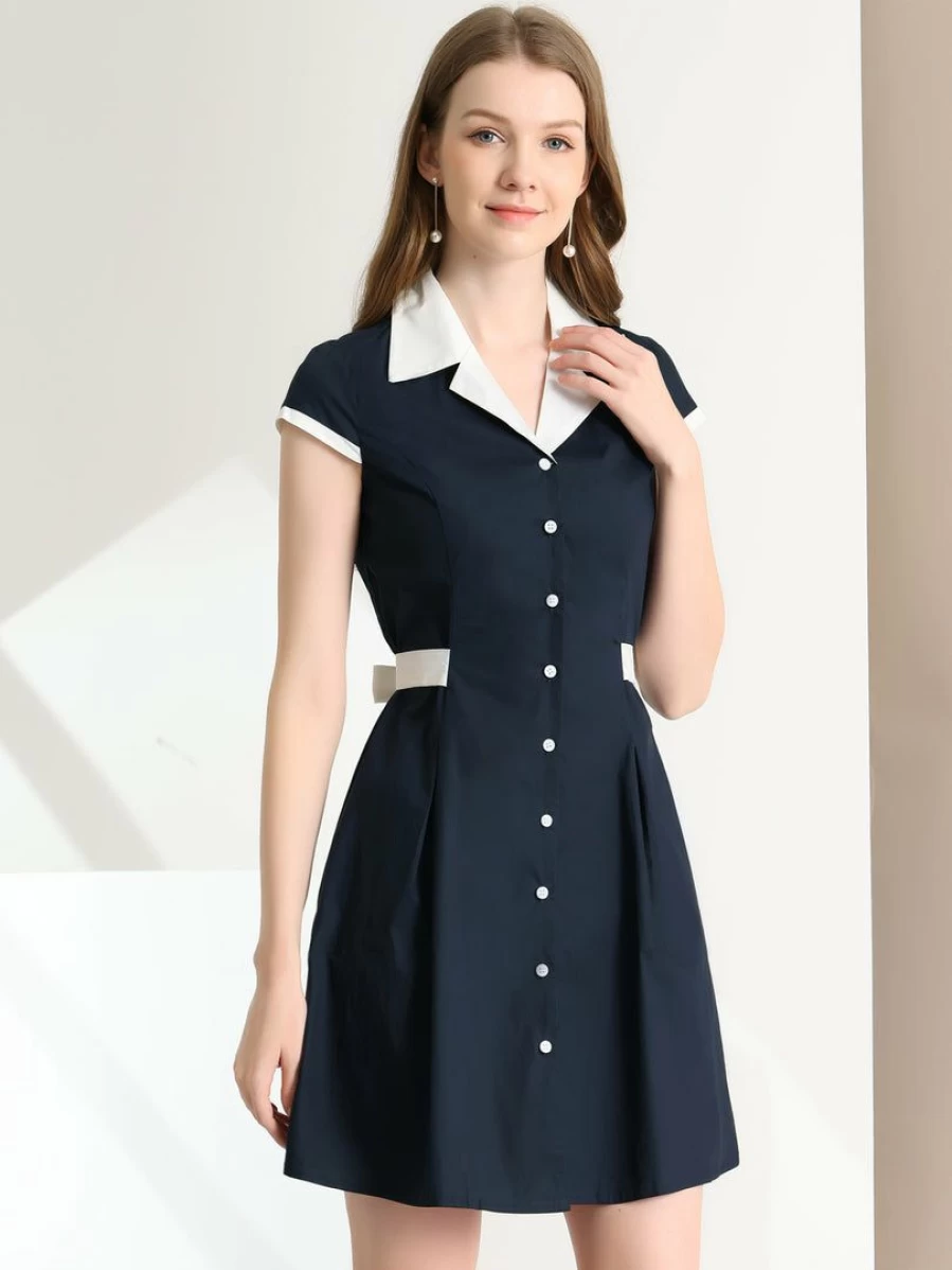 Allegra K Women's Navy Blue Vintage Mini Shirt Dress with Flat Collar and Belt for Office Wear