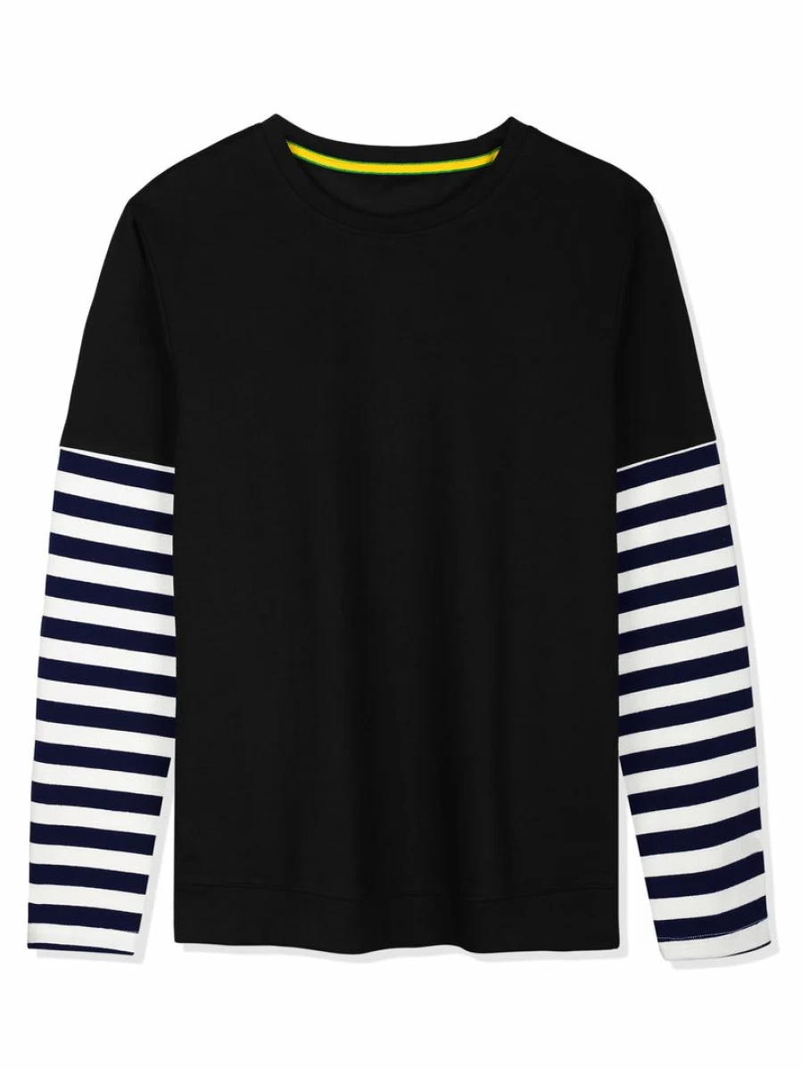 Men's White Striped Crewneck T-Shirt - Casual Pullover Tee with Panel Sleeve Design