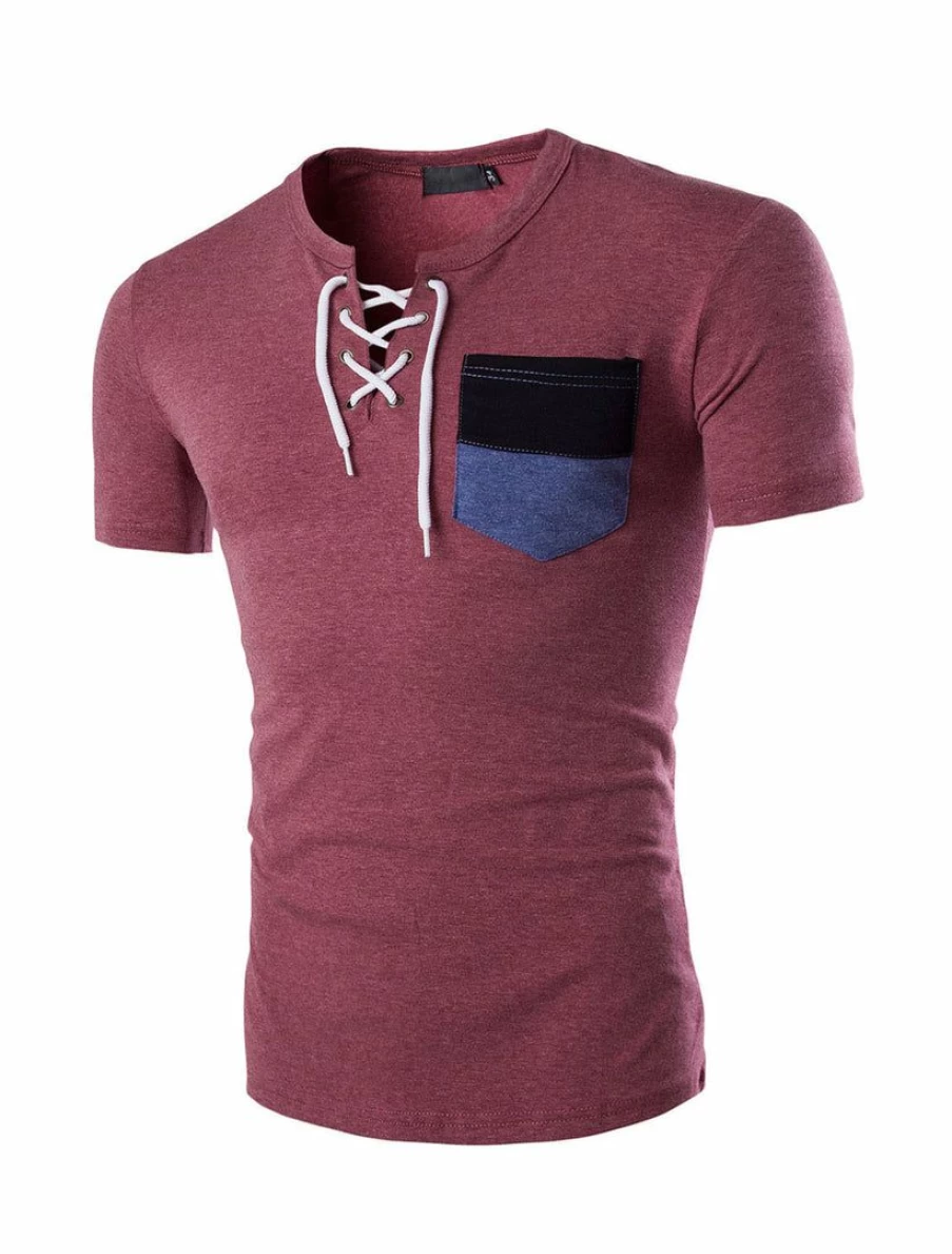Men's Casual Color Block Patch Pocket Short Sleeve T-Shirt with Drawstring Detail - Round Neck Comfort Fit