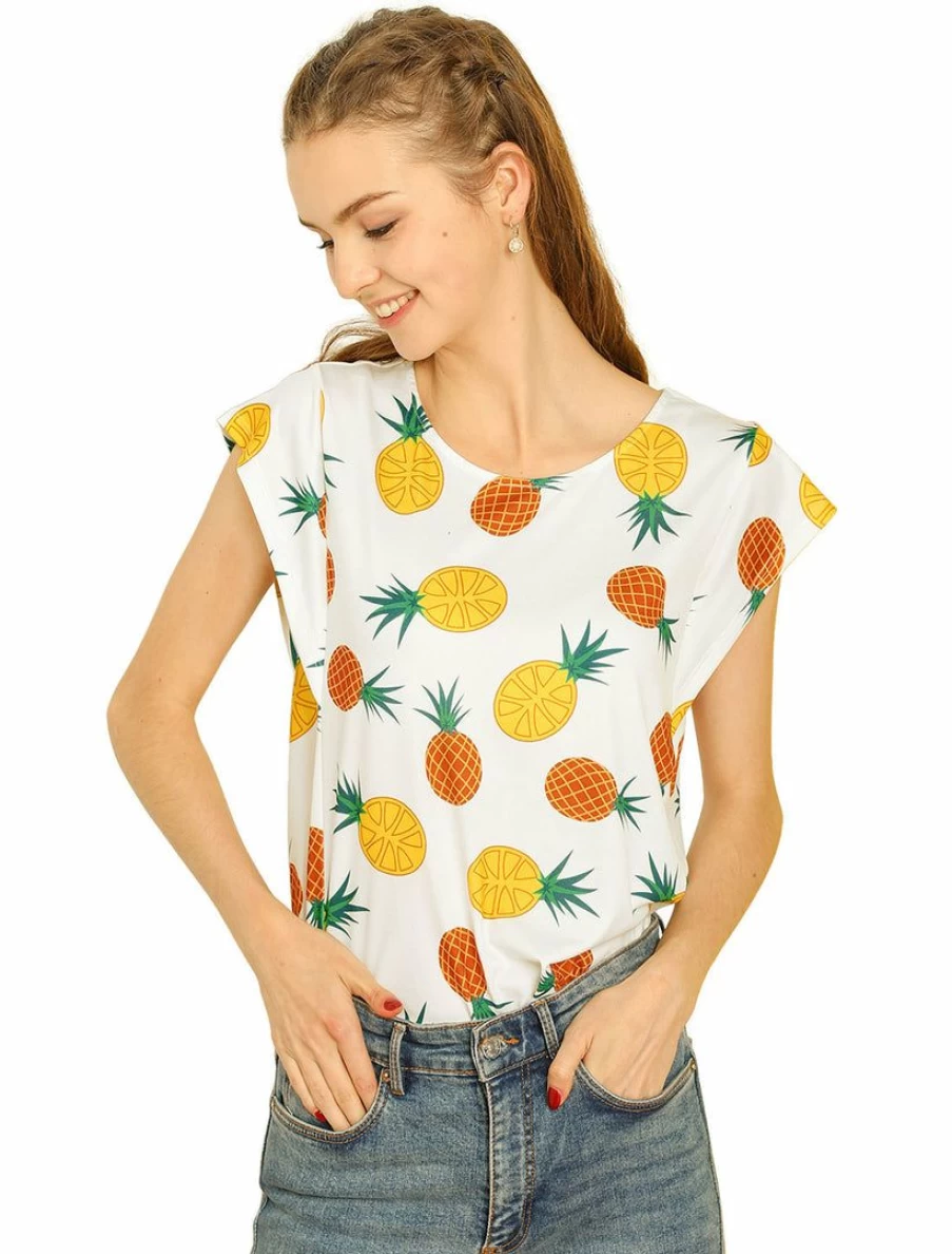 Allegra K Women's White Pineapple Print Crew Neck Cap Sleeve T-Shirt