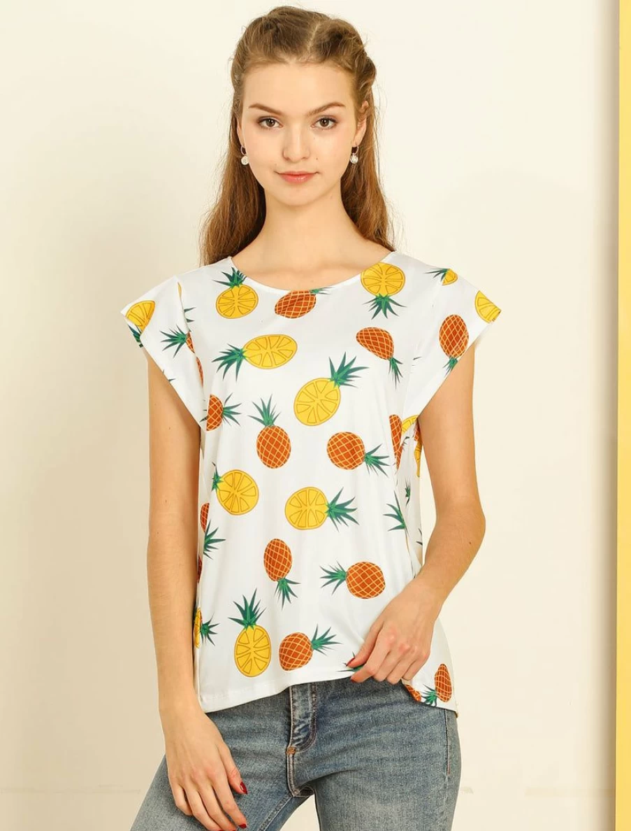 Allegra K Women's White Pineapple Print Crew Neck Cap Sleeve T-Shirt