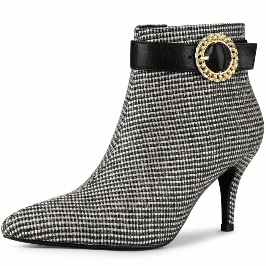 Allegra K Women's Houndstooth Ankle Boots Stiletto Heels with Buckle Detail