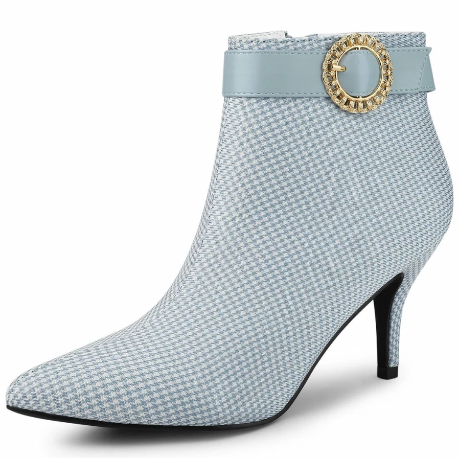 Allegra K Women's Houndstooth Ankle Boots Stiletto Heels with Buckle Detail