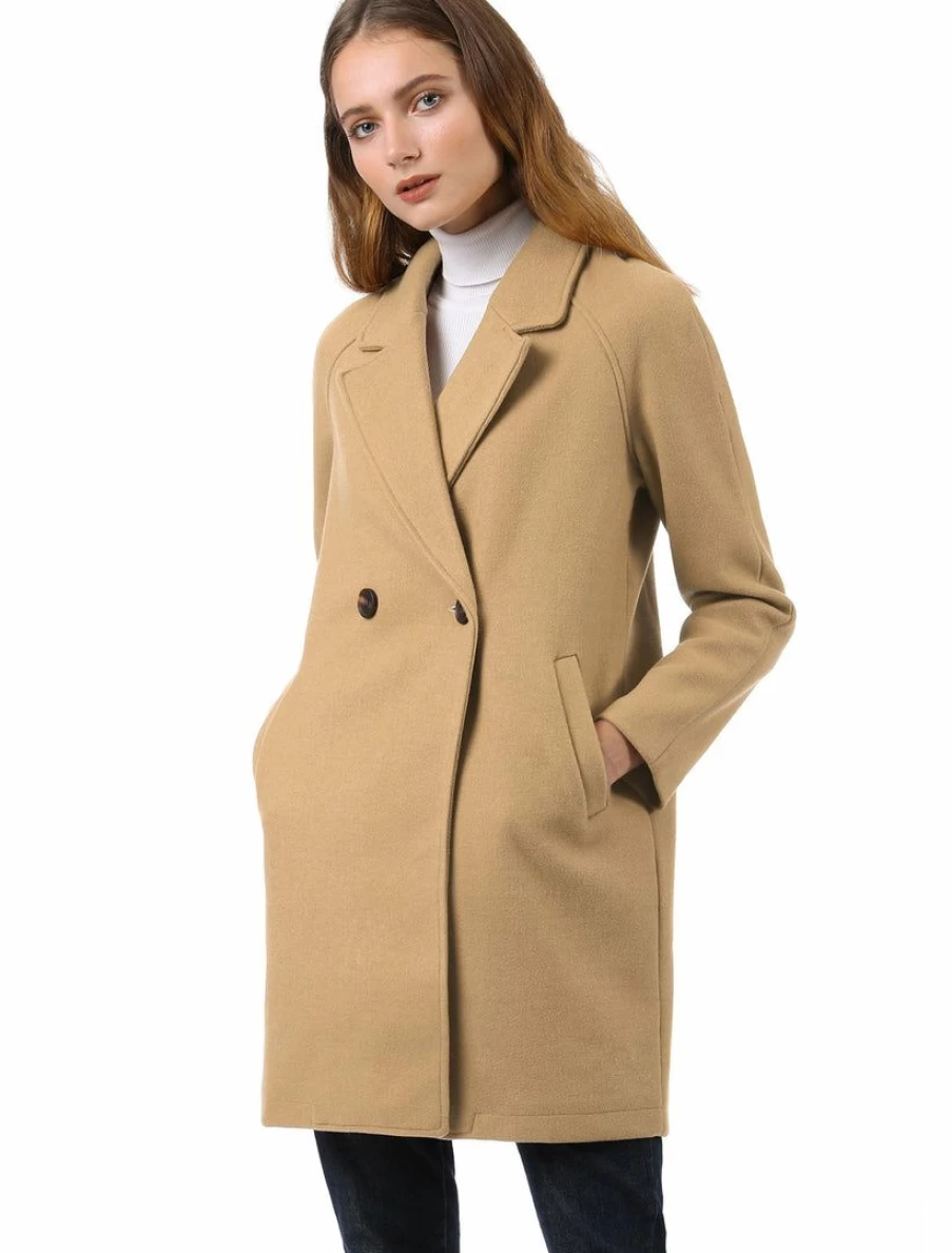 Double Breasted Notch Lapel Wool Blend Coat with Raglan Sleeves for Women