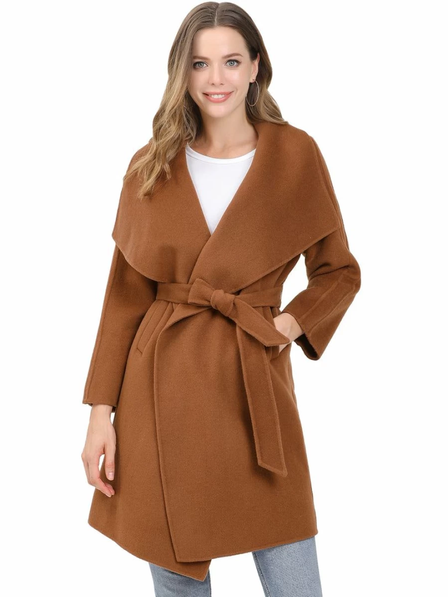 Women's Elegant Long Sleeve Wrap Coat with Shawl Collar, Belted Waist and Pockets for Winter