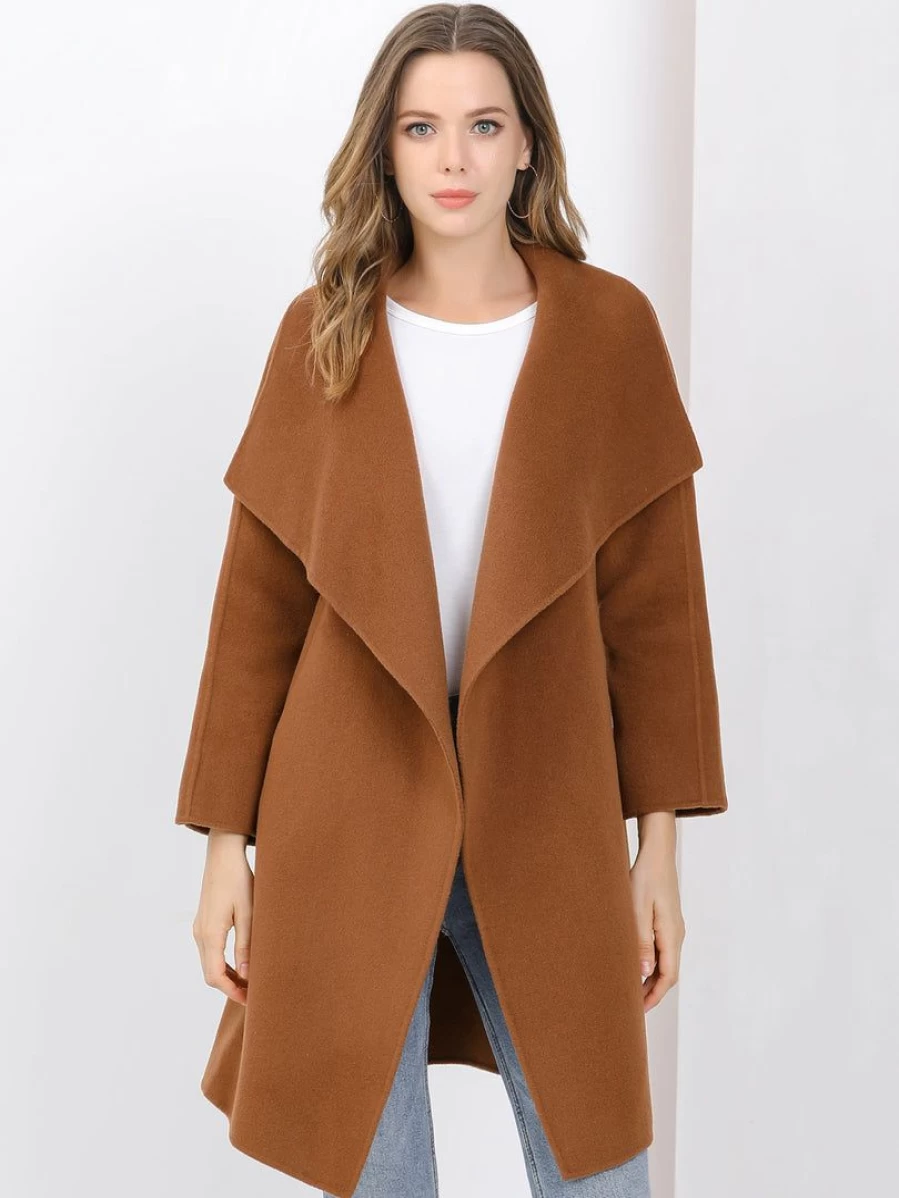 Women's Elegant Long Sleeve Wrap Coat with Shawl Collar, Belted Waist and Pockets for Winter