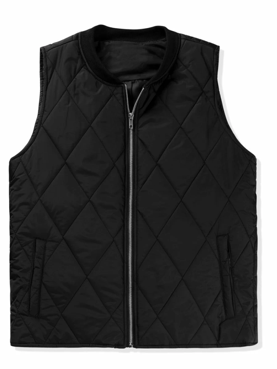 Black Men's Stand Collar Zip Up Puffer Vest Winter Gilet Jacket
